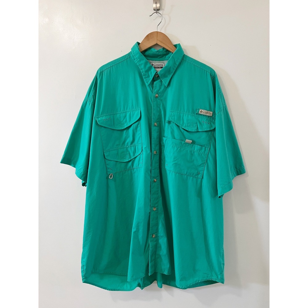 Columbia‎ PFG Fishing Shirt 4XL Mens Button Up Short Sleeve Teal Outdoor